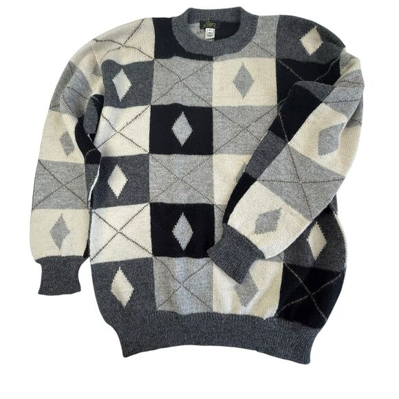 Peter's of Chagrin Falls Alpaca Wool Argyle Sweater Men Large Gray Black Peru